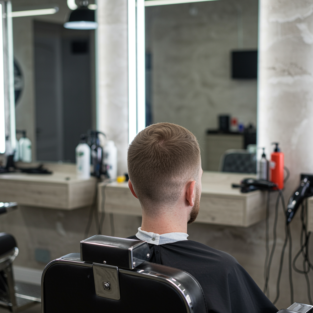 Barbershop interior highlighting a refined buzz-cut with even hair length, clean styling station, and inviting professional atmosphere