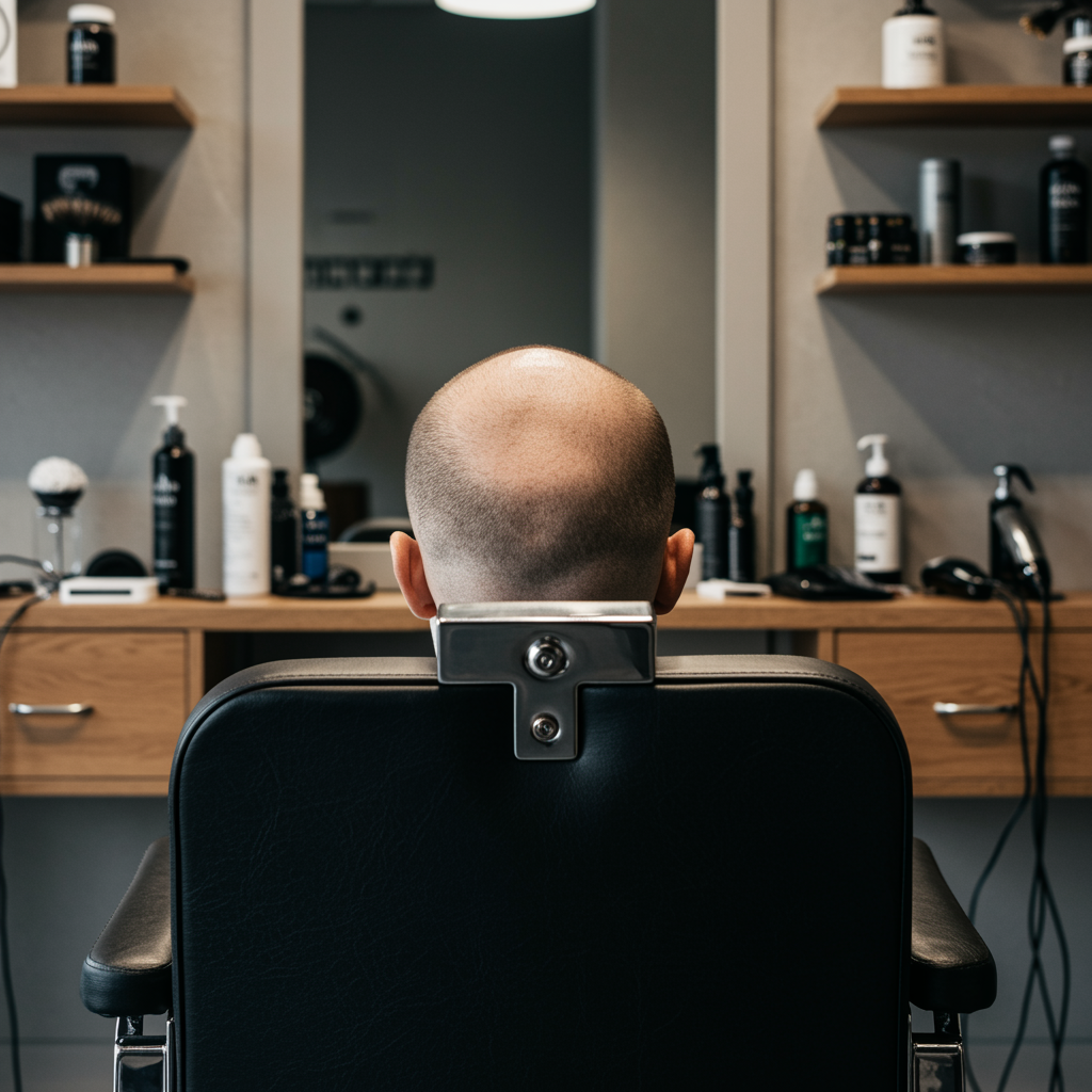 Pristine shaved head in a stylish barbershop chair showing the flawless results of a professional head shave service in a modern barbershop setting